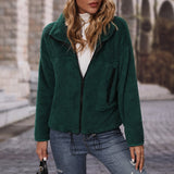 Women Trench Coat round Neck Long Sleeve Loose Rope Zipper Double-Sided Velvet Casual Jacket