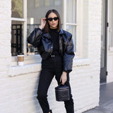 Women Leather Jacket Fall/Winter Leather Jacket Coat Loose Lapels PU Leather Motorcycle Leather Coat