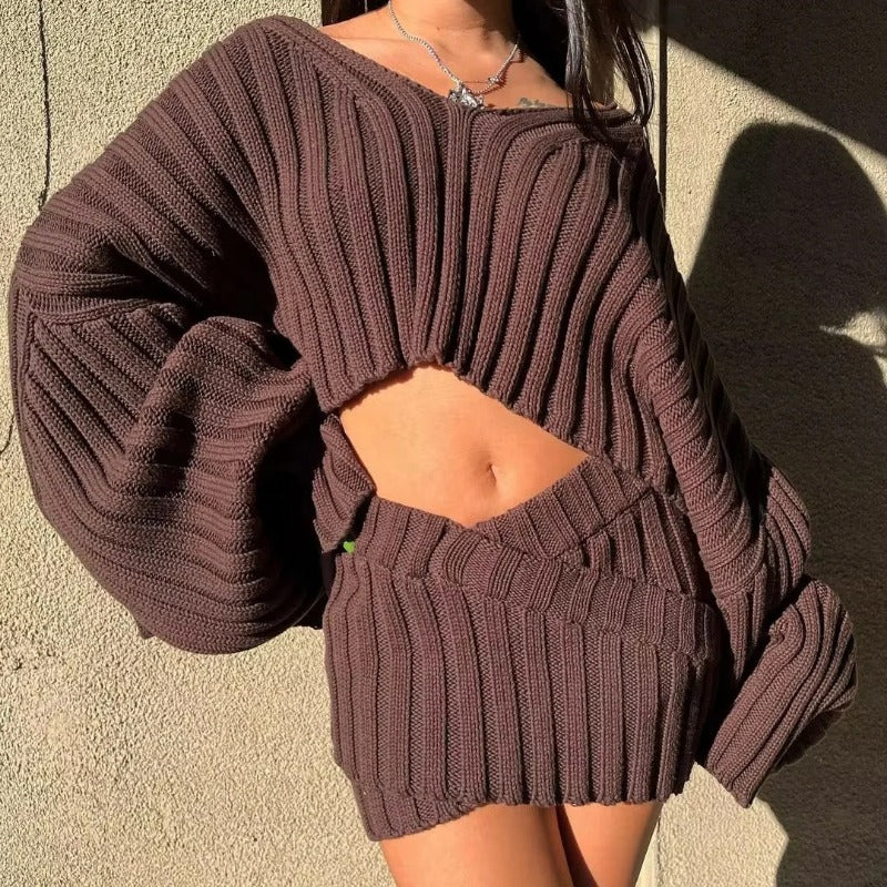 Women Sweater Knitwear Loose Batwing Sleeve Knitwear Sweater Cross Knitted Sheath Skirt Suit