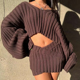 Women Sweater Knitwear Loose Batwing Sleeve Knitwear Sweater Cross Knitted Sheath Skirt Suit