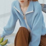 Women Knitwear Autumn Winter Retro Lapel Zipper Sweater