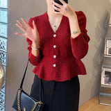 Women Knitted Cardigan Spring Red Sweater V-neck Knitted Cardigan Top