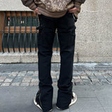Men Jeans Zipper Slit Casual Pants Loose Straight Bootcut Pants