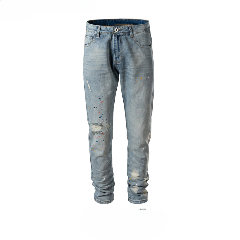 MIJKO Men Vintage Pants MIJKO Hip Hop Sabotage White Trousers Men's and Women's Straight Slim-Fit Jeans