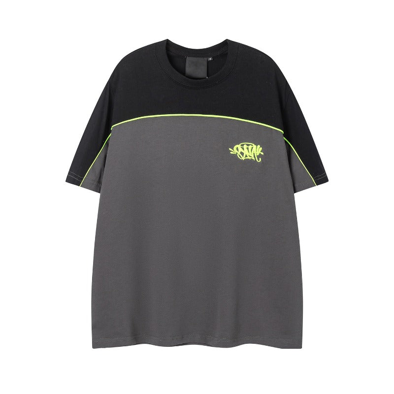 Hip-hop t-shirts: american-style short-sleeve, letter-embroidered, color-blocked, loose-fit, crew neck tee