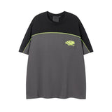 Hip-hop t-shirts: american-style short-sleeve, letter-embroidered, color-blocked, loose-fit, crew neck tee