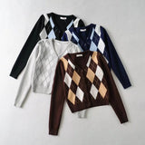 Women Sweater Knitwear Vintage Diamond Plaid Stitching V-neck Knitted Cardigan