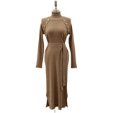 Women Maxi Dress Autumn Winter Retro Turtleneck Buttons Long Sleeve Knitted Dress