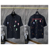 Ch hip-hop t shirts high version ch short-sleeved couple sanskrit colorful cross foam splash ink short-sleeved high street versatile
