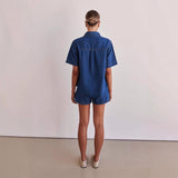 Women's european and american style summer cross-border trade washed vintage solid color short sleeve shirt and shorts denim set