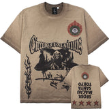 Hip-hop t shirts american high street skull devil washed spray dirty distressed retroloose round neck short-sleeved t-shirt