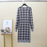 Women Maxi Dress Autumn and Winter Long Sleeve round Neck Houndstooth Knitted Sheath Dress