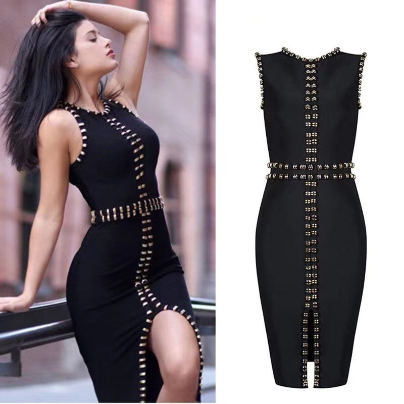 Women's Wedding Dress Tight Dress round Neck Sleeveless Slit Bandage Dress