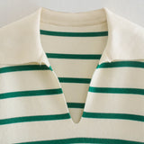 Women Sweater Knitwear Winter Lapel Long Sleeve Striped Sweater Loose Pullover