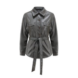 Women Leather Jacket Fall and Winter Lapels Long Sleeve Motorcycle Washed PU Leather Shirt Coat
