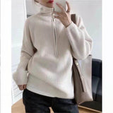 Women Knitted Pullover Autumn and Winter Zipper High Collar Loose Pullover Sweater