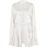 Women T-shirt Summer Sexy Skirt Long Sleeve Button Cardigan Top Suit