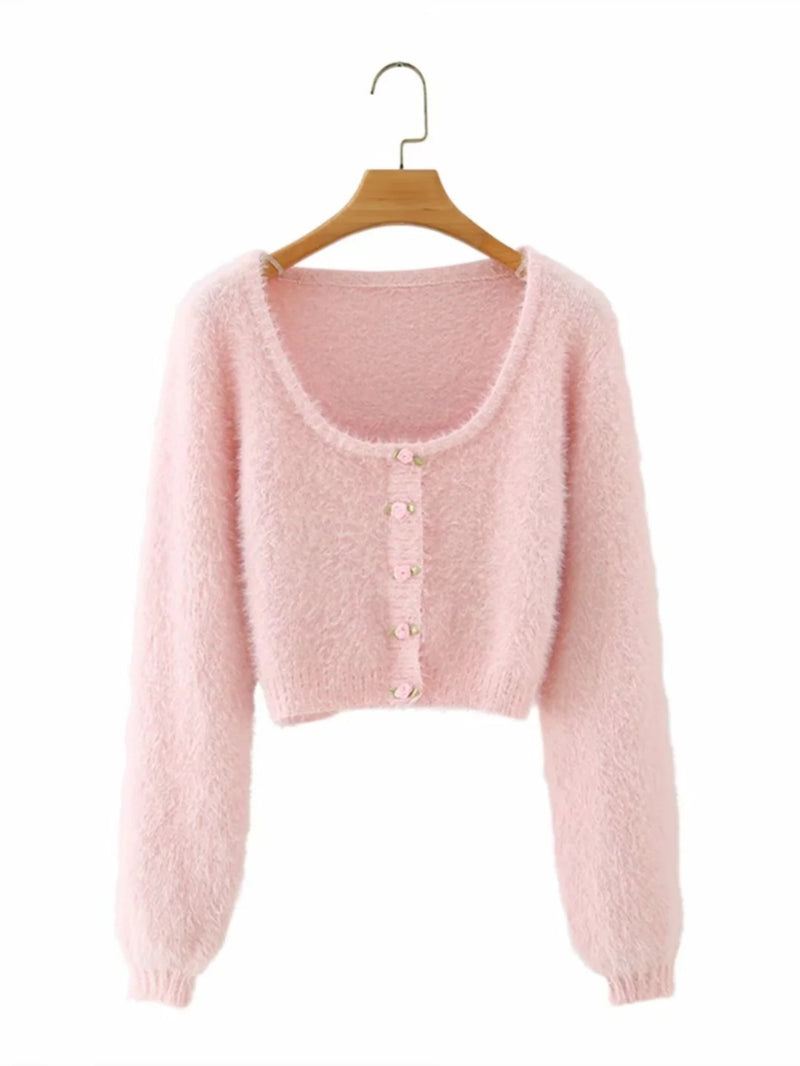 Women Sweater Knitwear Retro Square Collar Single-Breasted Long Sleeve Knitted Cardigan Jacket