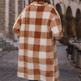 Women Trench Coat Autumn Lapel Long Sleeve Loose Plaid Single Breasted Long Plush Casual Coat