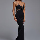 Women Evening Dress Crystal Drill Chain Straps Tulle Backless Evening Gown