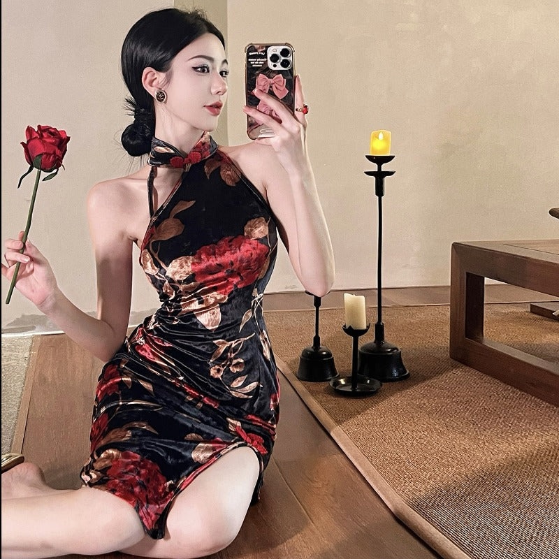 Women Maxi Dress Spring and Autumn Vintage Velvet Printed Cheongsam