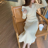 Women Maxi Dress Autumn and Winter V-neck Sweater Midi Skirt Knitted Dress