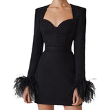 Women Dresses Elegant Feather Long Sleeve Party Dress (Ont0408)