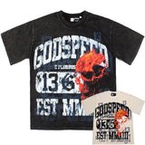 Hip-hop t shirts american flame skull number one high street casualloose washed retro distressed short-sleeved t-shirt tee