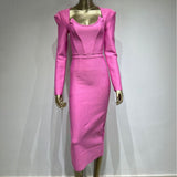 Women Dresses Elegant Bandage Dress Magenta Long Sleeve Square-Neck White Collar Dress (Ont0408)