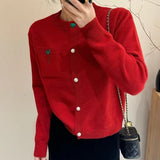 Women Knitted Cardigan Spring Cardigan Coat round Neck Love Embroidered Knitwear Top