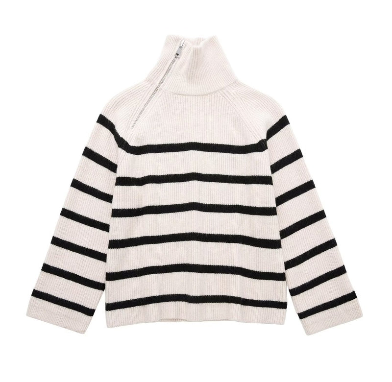 Women Sweater Knitwear Autumn and Winter Leisure Lapel Zipper Striped Loose Long Sleeve Pullover Knitted Sweater