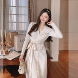 Women Maxi Dress Autumn and Winter Long Woolen Skirt V-neck Knitted Dress