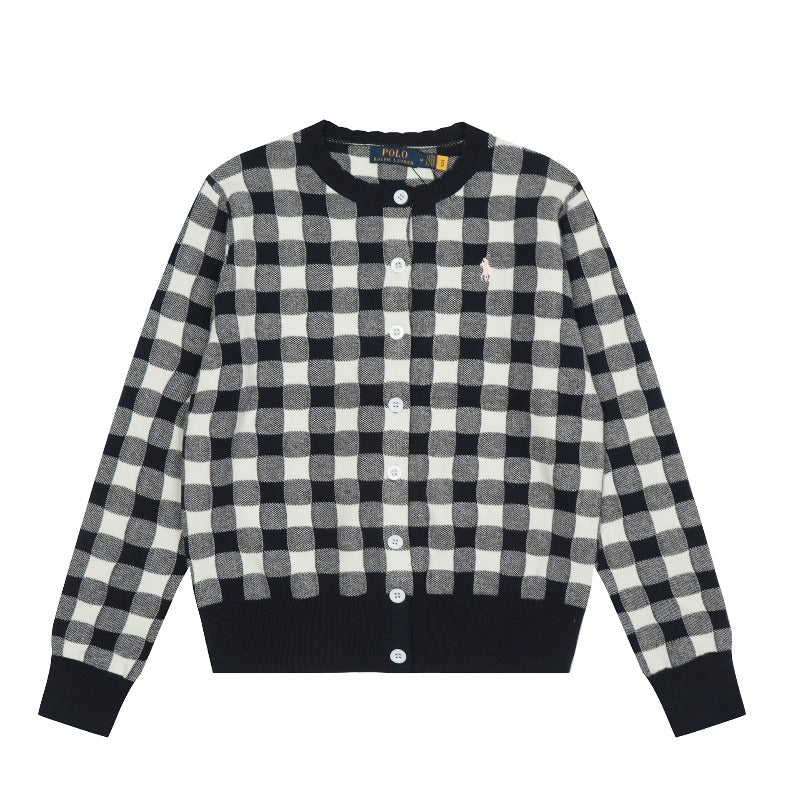 Rl ralph pony fall and winter chess white grids woolen sweater knitting round neck cardigan women's classysweet socialite casualoutwear