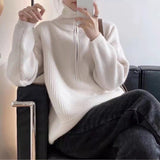 Women Knitted Pullover Autumn and Winter Zipper High Collar Loose Pullover Sweater