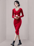 Women Maxi Dress Autumn and Winter V-neck Retro Hip-Wrapped Dress