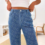 Women's spring amazon cross-border fashion heart crochet denim jeans - women's casual washed straight-leg trousers