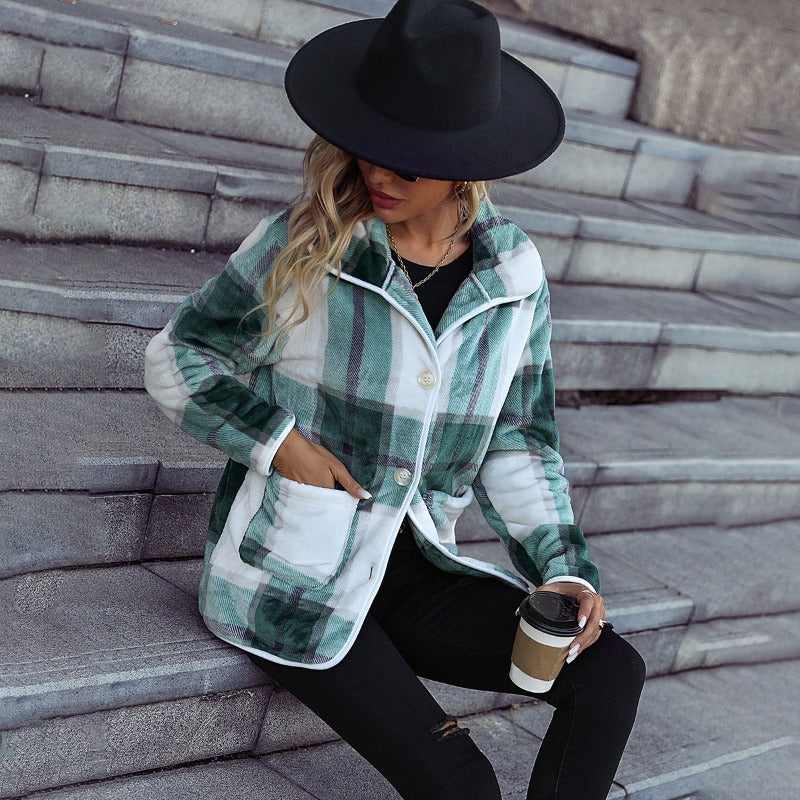 Women Trench Coat Autumn Lapel Long Sleeve Single-Row Plaid Casual Coat