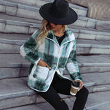 Women Trench Coat Autumn Lapel Long Sleeve Single-Row Plaid Casual Coat