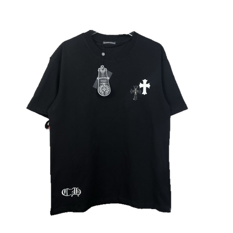 Ch hip-hop t shirts ch croo short-sleeved horseshoe sanskrit cross logo leather embroiderloose round neck