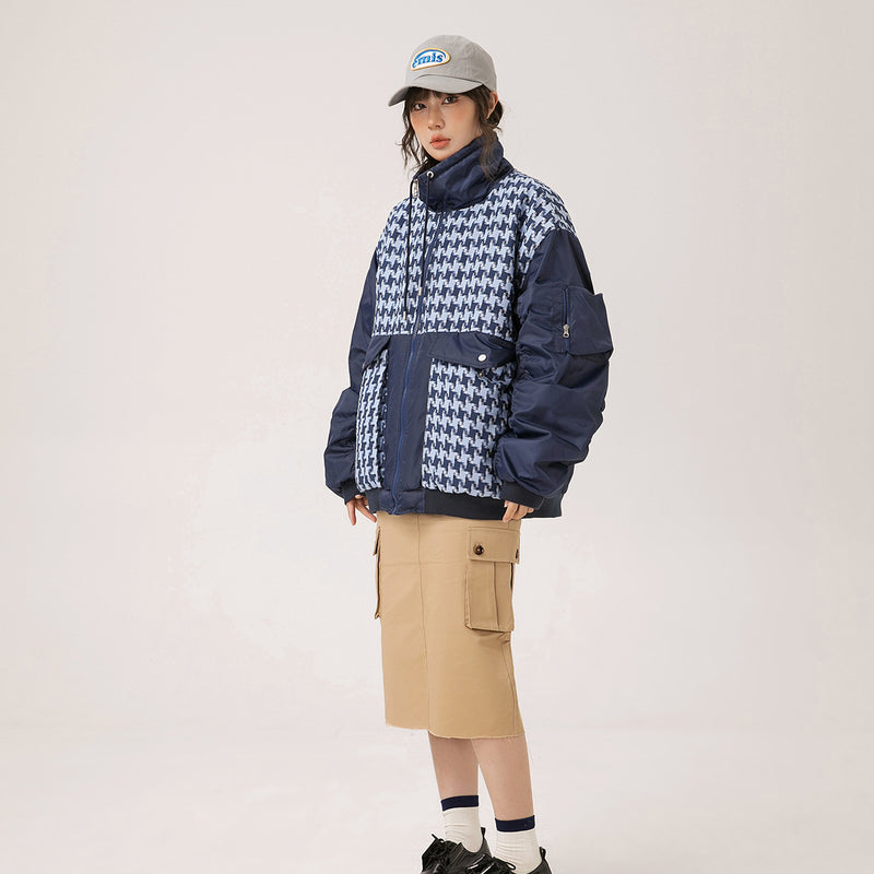Unisex Jacket Winter Houndstooth Casual Patchwork Cotton-Padded Coat