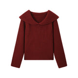 Women Knitted Pullover Red Lapel Sweater Women's Autumn Winter Coat Loose Sweater