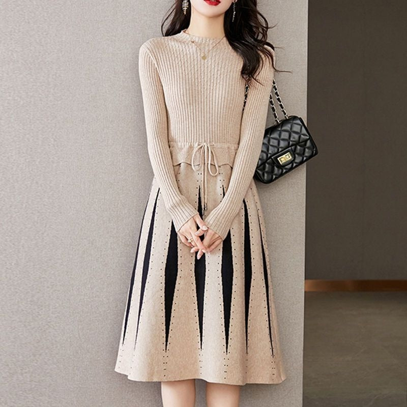 Women Knitwear Spring and Autumn Long Lace-up Sweater Slim Knit Dress
