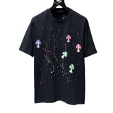 Ch hip-hop t shirts high version ch short-sleeved couple sanskrit colorful cross foam splash ink short-sleeved high street versatile