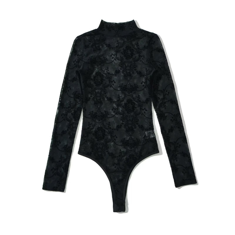 Women Tops Summer Flocking Mesh Stand Collar Jumpsuit Sexy Top