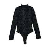 Women Tops Summer Flocking Mesh Stand Collar Jumpsuit Sexy Top