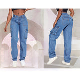 Women's pants: cross-border e-commerce american retro mid-rise multi-pocket cargo jeans, women's casual straight-leg trousers