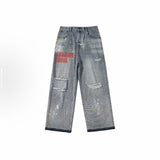 Saint m t pants s.m distressed ripped letter logo straightleg jeans