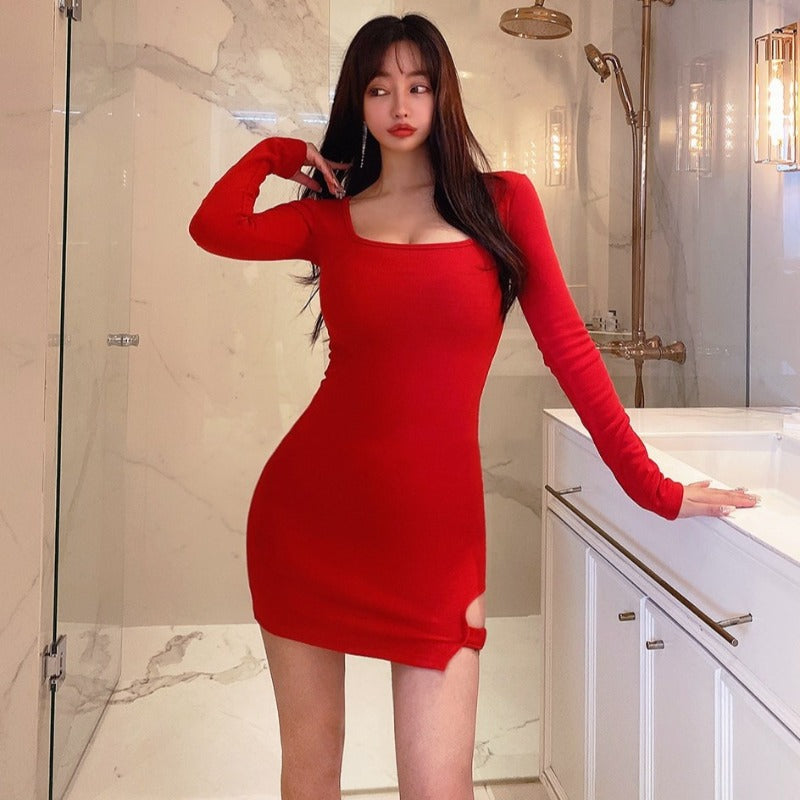 Women Dresses Hollow round Neck off-Shoulder Long Sleeve Short Dress Sexy