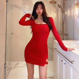 Women Dresses Hollow round Neck off-Shoulder Long Sleeve Short Dress Sexy
