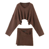 Women Sweater Knitwear Loose Batwing Sleeve Knitwear Sweater Cross Knitted Sheath Skirt Suit
